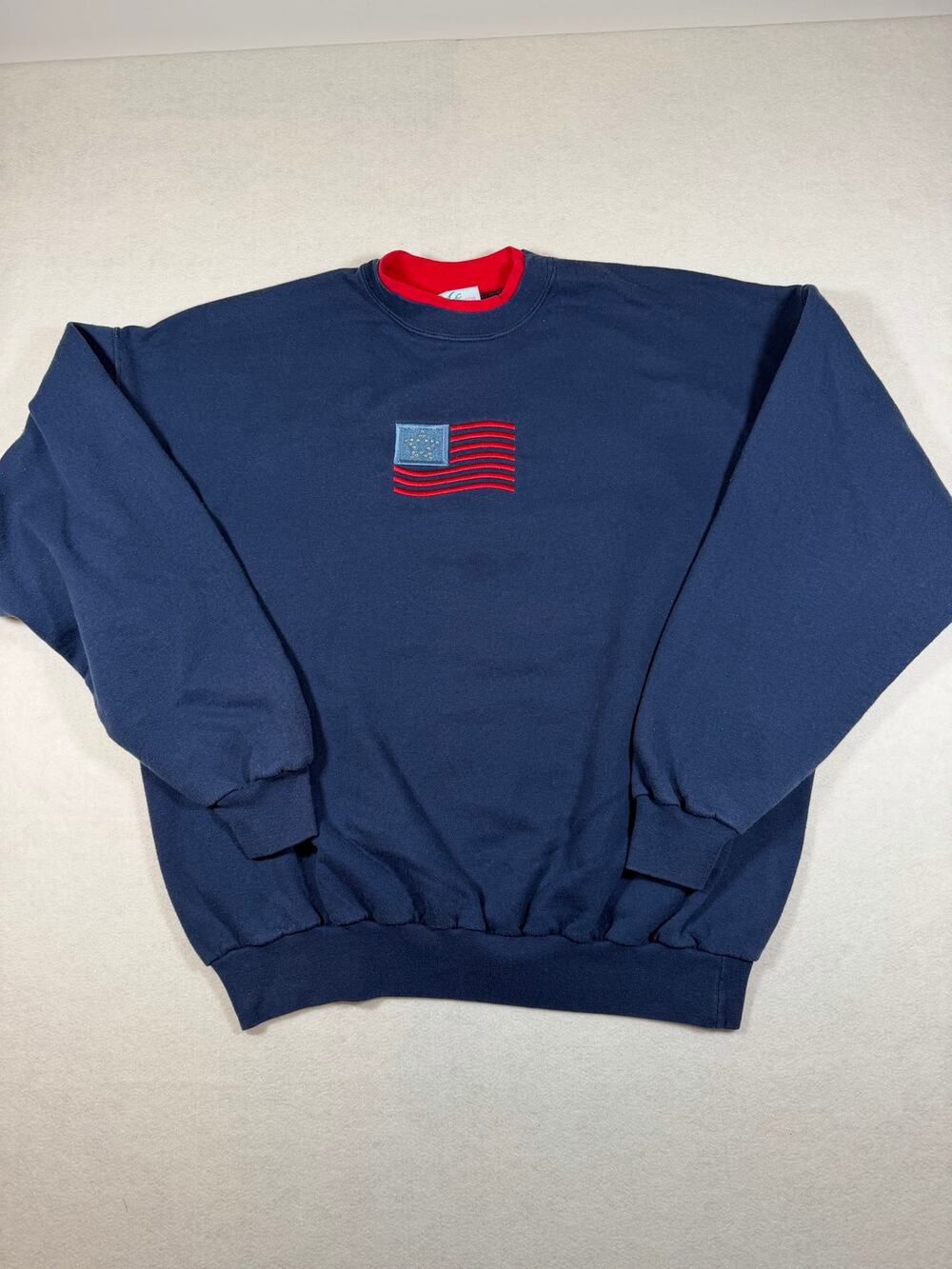 Vintage 90s USA American Flag Sweatshirt XL Navy Blue Embroidered Stars Crewneck
